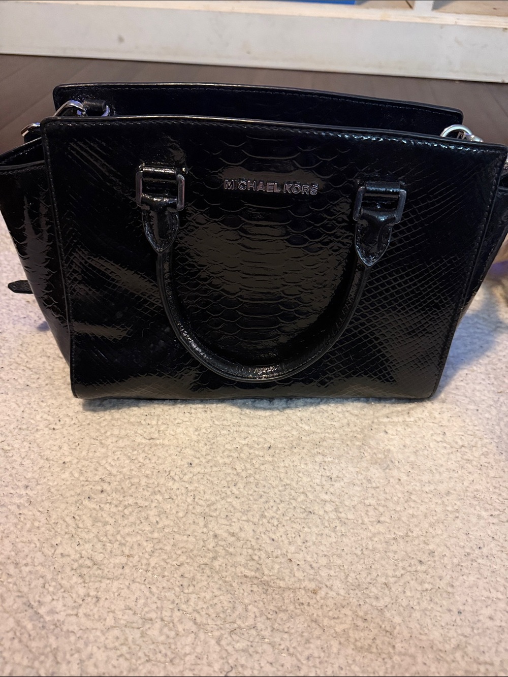 Michael Kors Black Patent Embossed Satchel with Top Handles